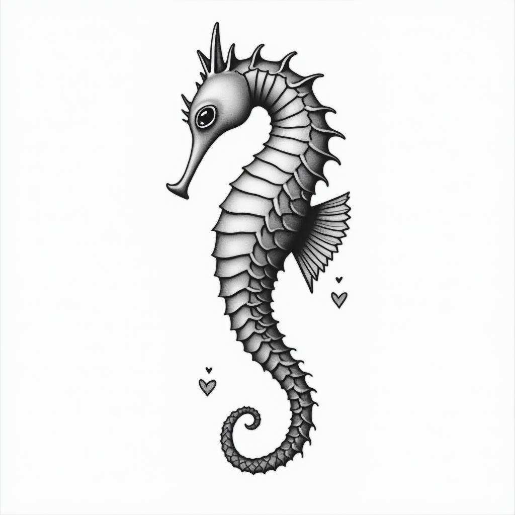 Delicate with a seahorsein Modest style tattoo, featuring soft, delicate line work with simple and meaningful symbols, gentle waves, a heart, evoking a sense of serenity and grace, - Variation 4