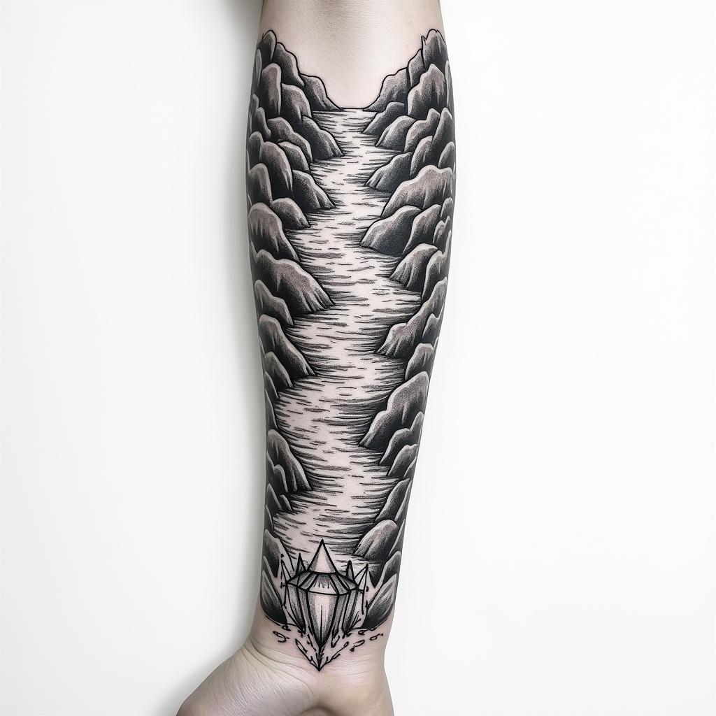 A river down my forearm with diamonds at the bottom and the word RIVER at the bottom of the riverin new school tattoo, pop culture, modern, detailed tattoo, illustrative