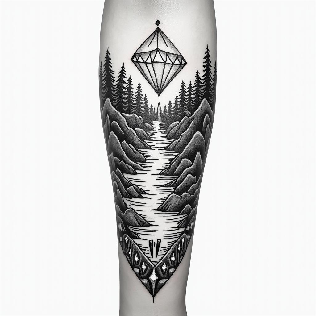 A river down my forearm with diamonds at the bottom and the word RIVER at the bottom of the riverin new school tattoo, pop culture, modern, detailed tattoo, illustrative - Variation 3
