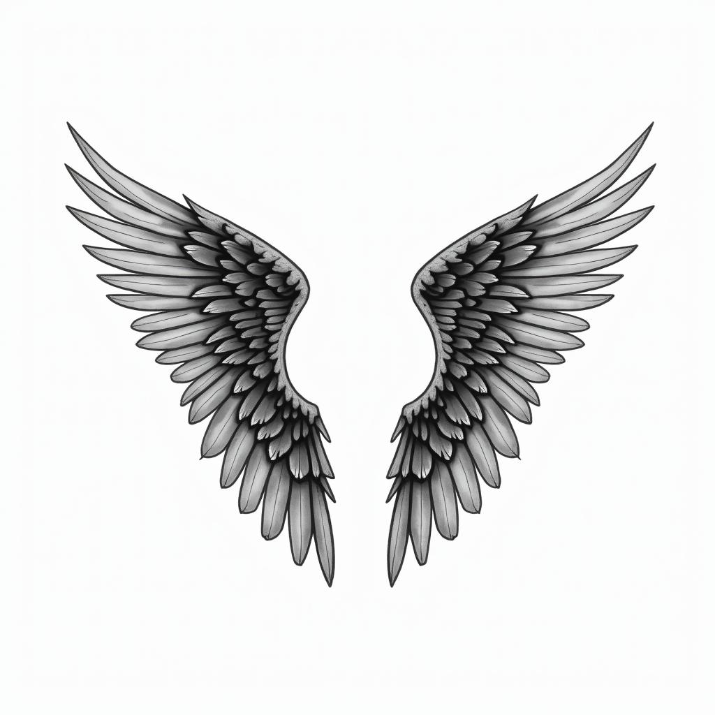 Angel wings with detailed feathersin minimalist style tattoo, featuring simple shapes and fine lines, with minimal shading and details, tiny triangles, creating a sense of balance and harmony