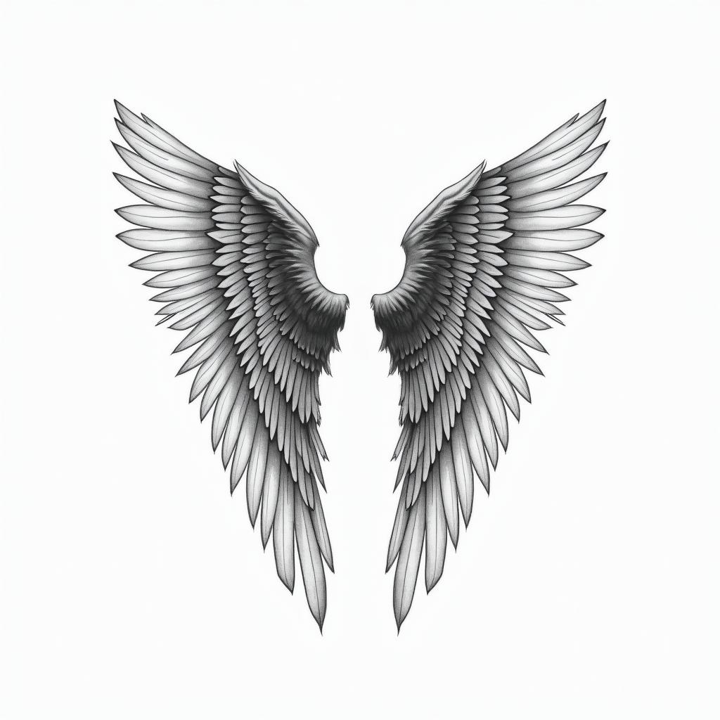 Angel wings with detailed feathersin minimalist style tattoo, featuring simple shapes and fine lines, with minimal shading and details, tiny triangles, creating a sense of balance and harmony - Variation 4