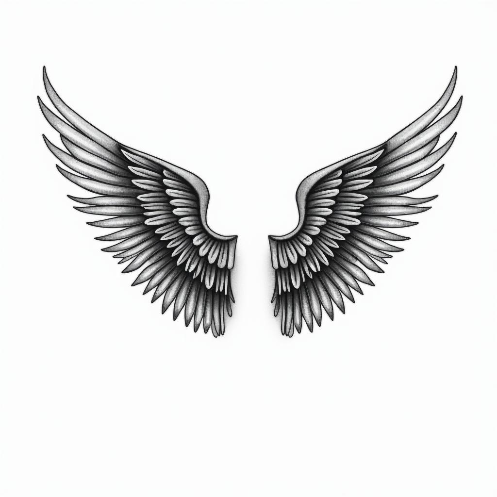 Angel wings with detailed feathersin minimalist style tattoo, featuring simple shapes and fine lines, with minimal shading and details, tiny triangles, creating a sense of balance and harmony - Variation 2