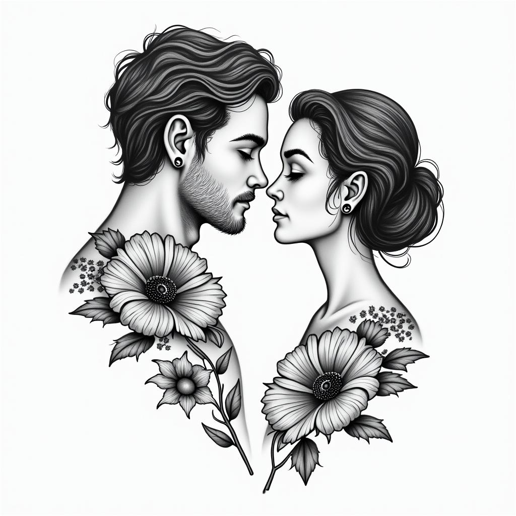 A man and a women that fell in love in a addiction with poppy flowersin spiritual symbols tattoo style, featuring an intricate design incorporating elements, Hamsa hand, third eye, minimalist composition - Variation 3
