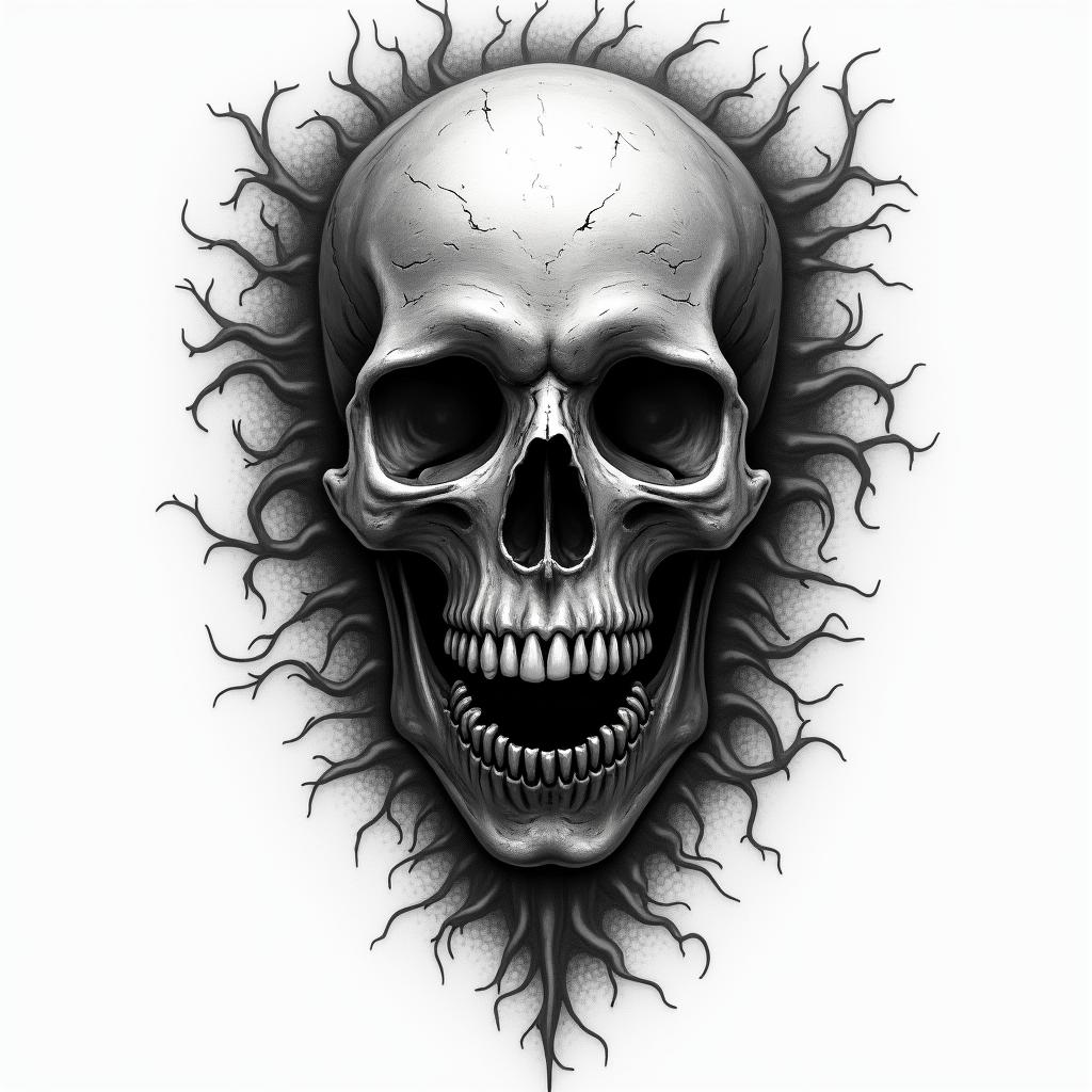 Harley in horror tattoo style, showcasing haunting and unsettling, dark and gritty textures with skulls, eerie faces, jgged designs, bold and intense shading