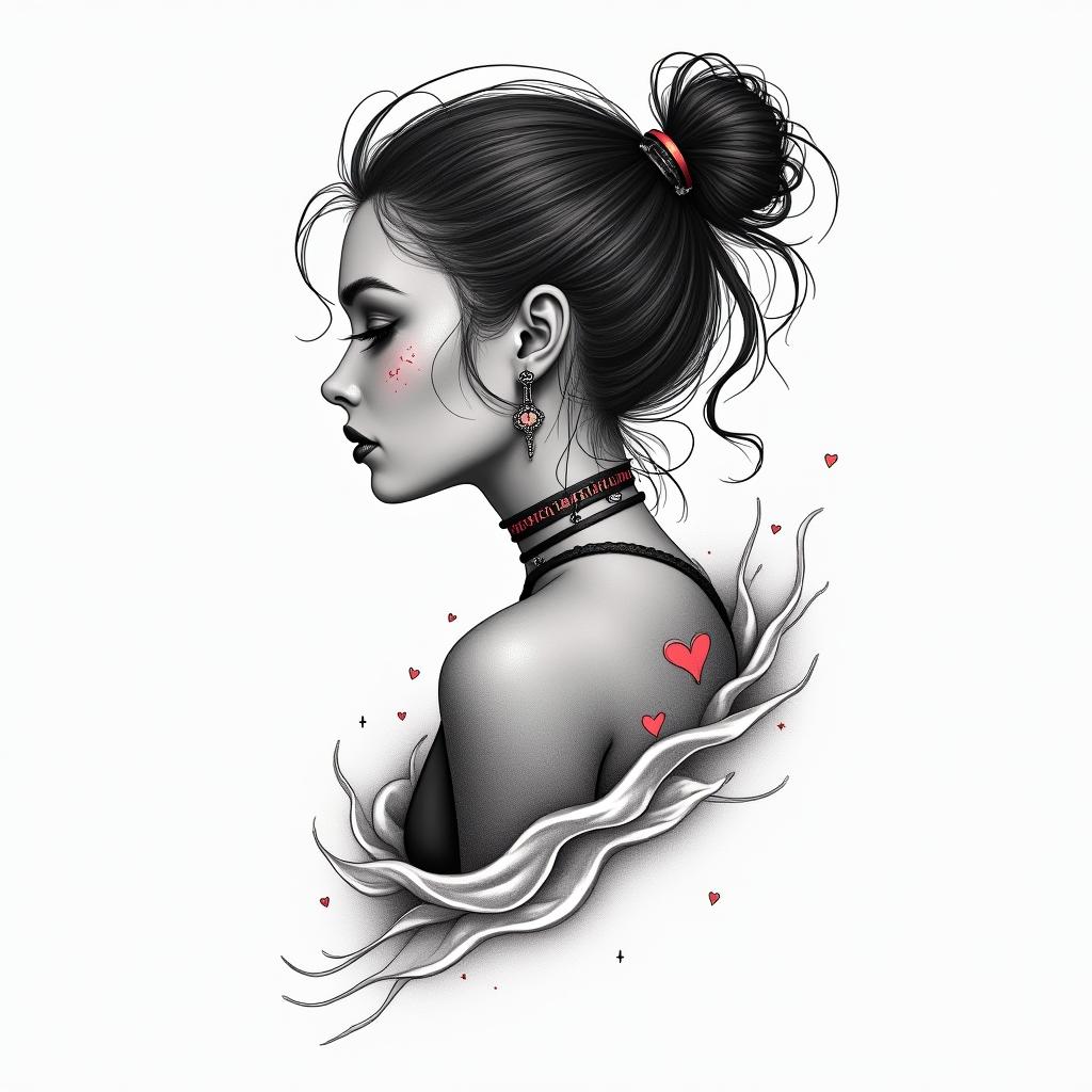 Futuristic cyberpunk girl with neon accentsin Modest style tattoo, featuring soft, delicate line work with simple and meaningful symbols, gentle waves, a heart, evoking a sense of serenity and grace, - Variation 3