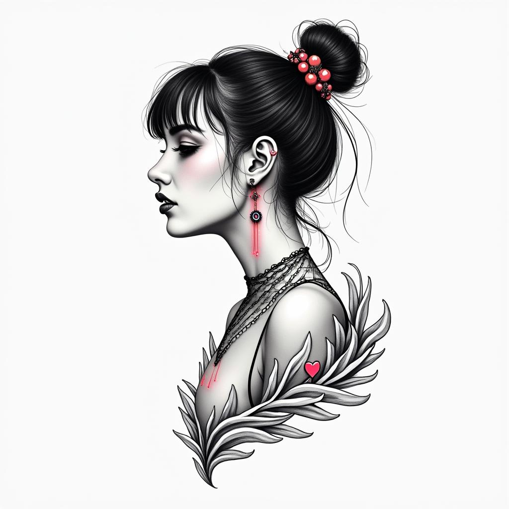 Futuristic cyberpunk girl with neon accentsin Modest style tattoo, featuring soft, delicate line work with simple and meaningful symbols, gentle waves, a heart, evoking a sense of serenity and grace,