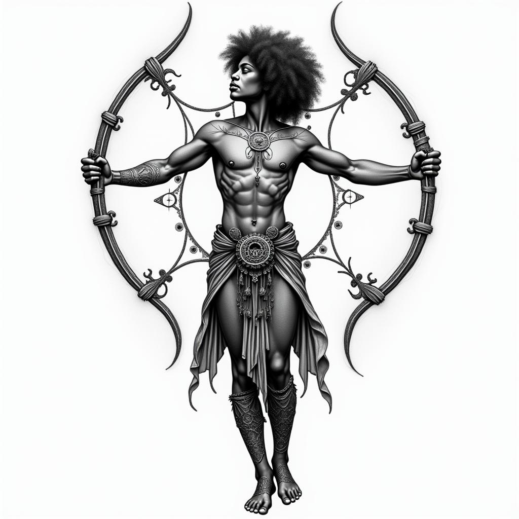 Sagittarius with Afroin paganic style tattoo, featuring ancient symbols, add vegvisir symbol, mystical figures, incorporating designs, pentagrams, runes, crescent moons, - Variation 2