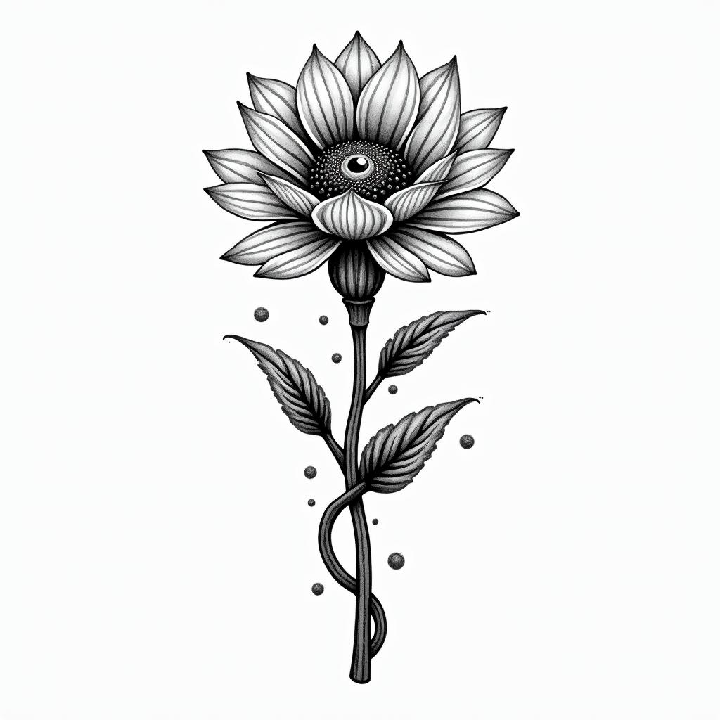 Shoulder flowerin spiritual symbols tattoo style, featuring an intricate design incorporating elements, Hamsa hand, third eye, minimalist composition - Variation 3