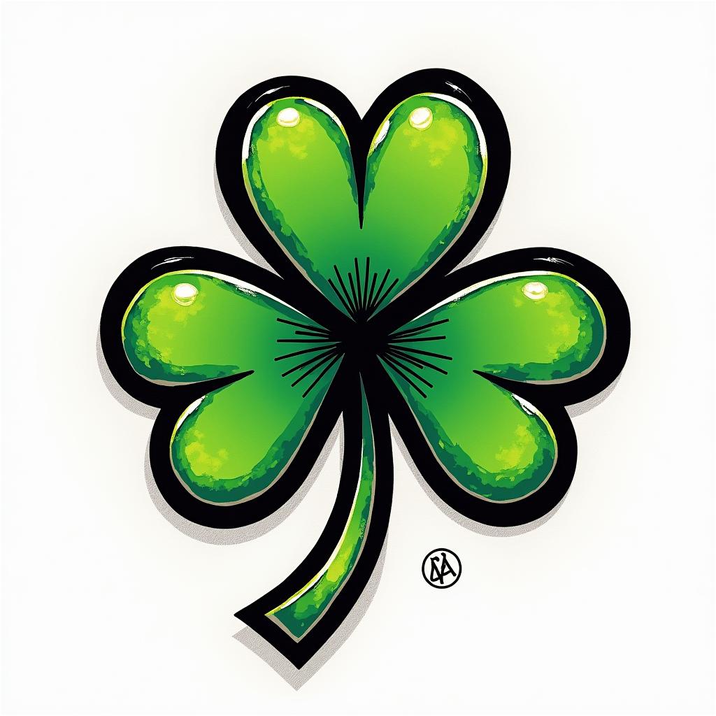 4 leaf cloverin pop art style tattoo, featuring bold and vibrant colors, exaggerated outlines, iconic imagery, inspired by comic books and speech bubbles, comic book characters, retro pop culture - Variation 2