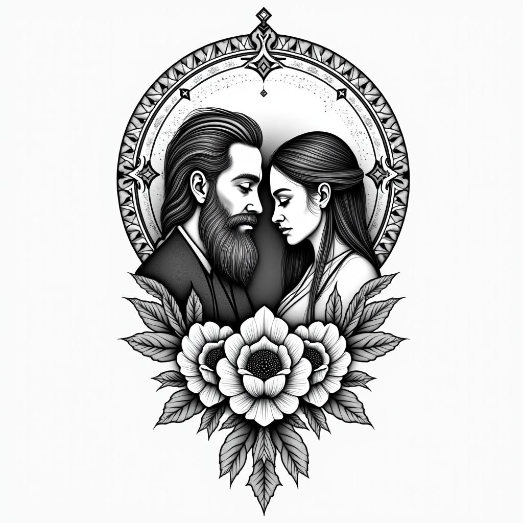 A far away tattoo that involves a man with a beard
and woman in front of a moon, add 2 small boysin ornamental tattoo style, featuring intricate symmetrical patterns and floral designs, showcasing highly detailed line work and geometric shapes, creating a sense of elegance and balance - Variation 3