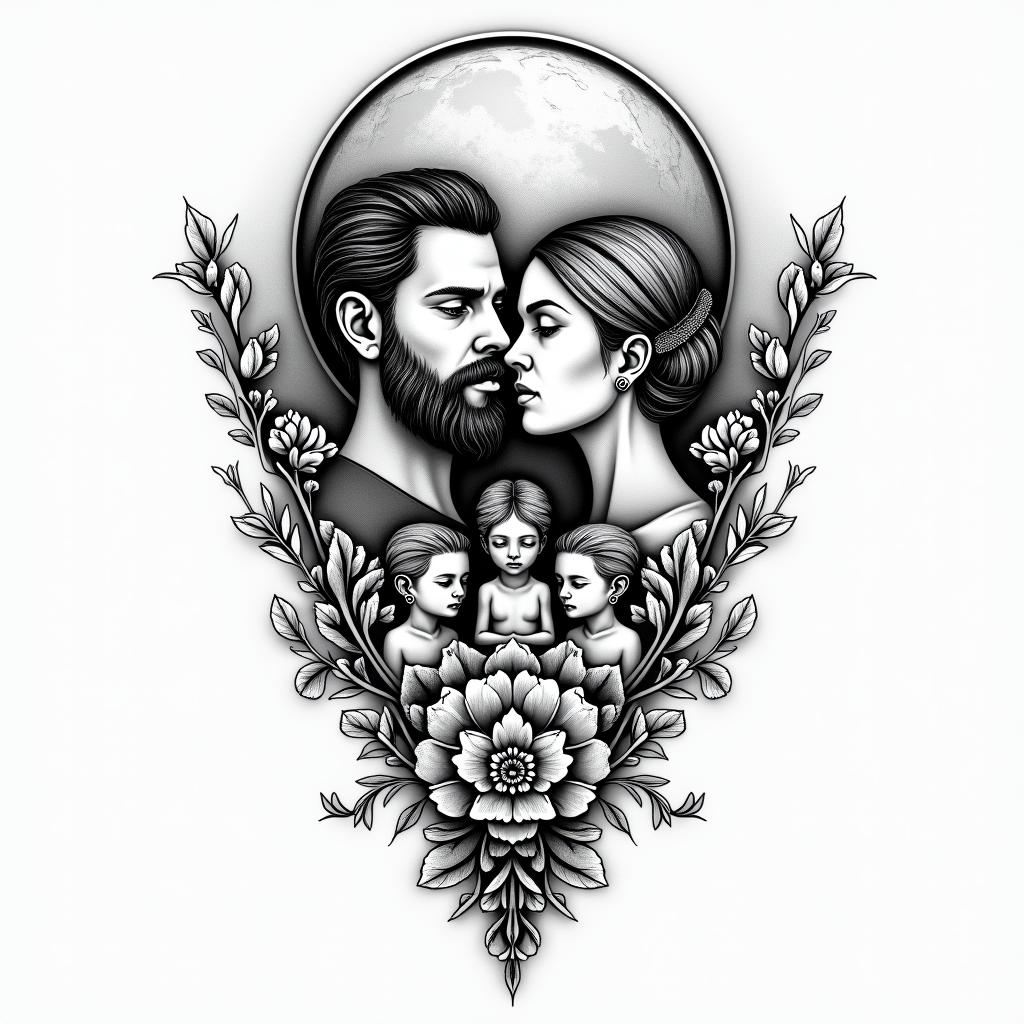 A far away tattoo that involves a man with a beard
and woman in front of a moon, add 2 small boysin ornamental tattoo style, featuring intricate symmetrical patterns and floral designs, showcasing highly detailed line work and geometric shapes, creating a sense of elegance and balance