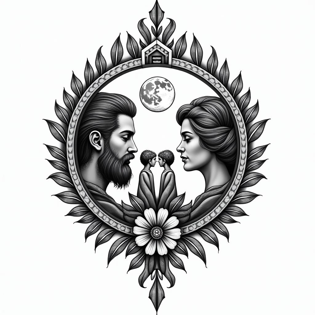 A far away tattoo that involves a man with a beard
and woman in front of a moon, add 2 small boysin ornamental tattoo style, featuring intricate symmetrical patterns and floral designs, showcasing highly detailed line work and geometric shapes, creating a sense of elegance and balance - Variation 4