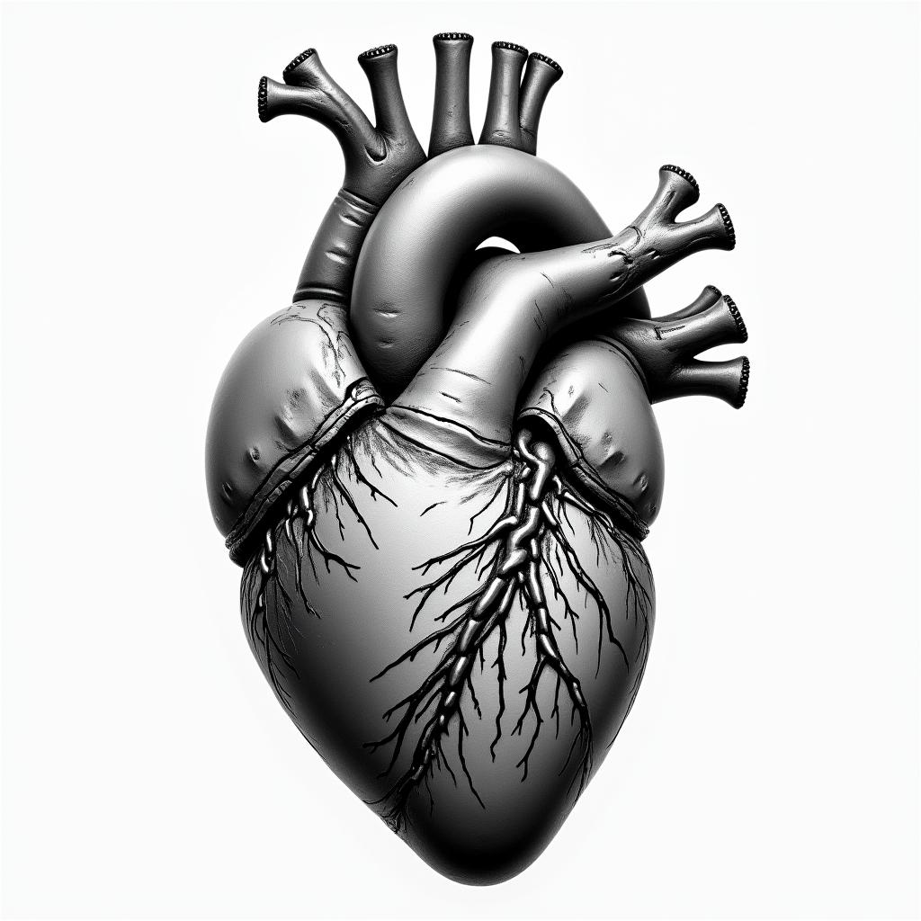 Create an image of an anatomical hearttattoo in biomechanic style, the tattoo covered by robotic elements of futuristic cyberpunk design, robotic features detail, showcasing intricate mechanical components - Variation 3