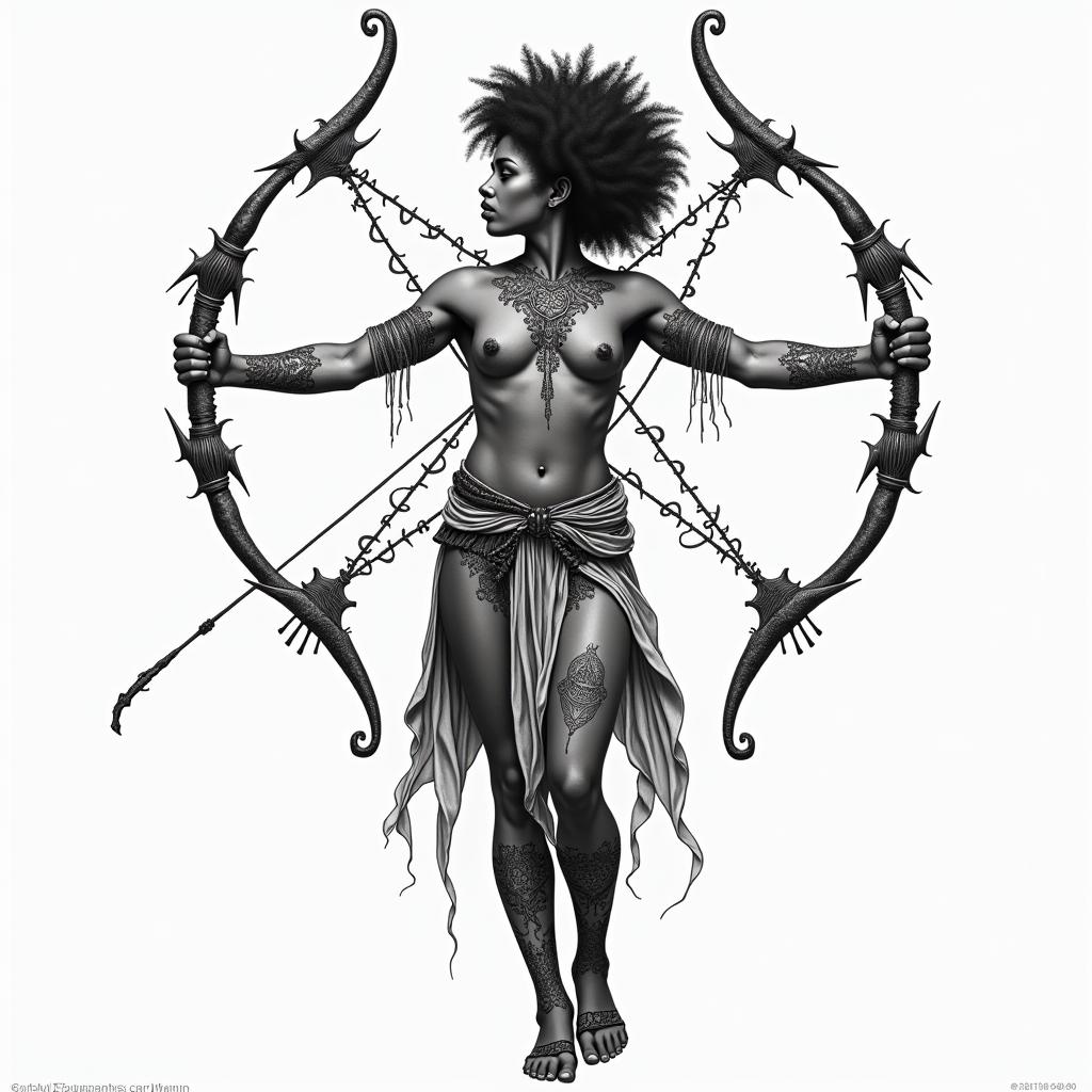 Sagittarius with Afroin paganic style tattoo, featuring ancient symbols, add vegvisir symbol, mystical figures, incorporating designs, pentagrams, runes, crescent moons,