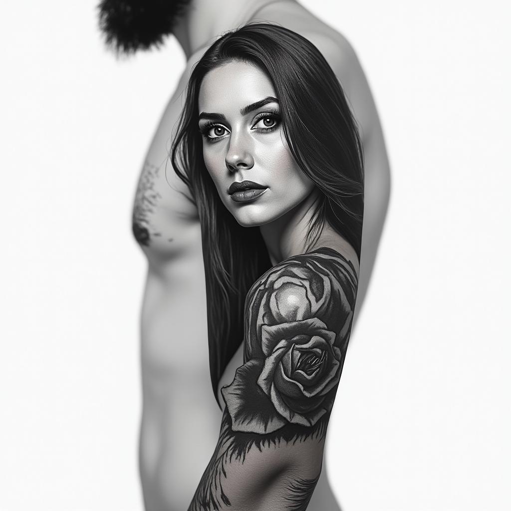 Upper arm sleeve realismin portrait tattoo style, featuring a highly realistic and detailed depiction - Variation 2