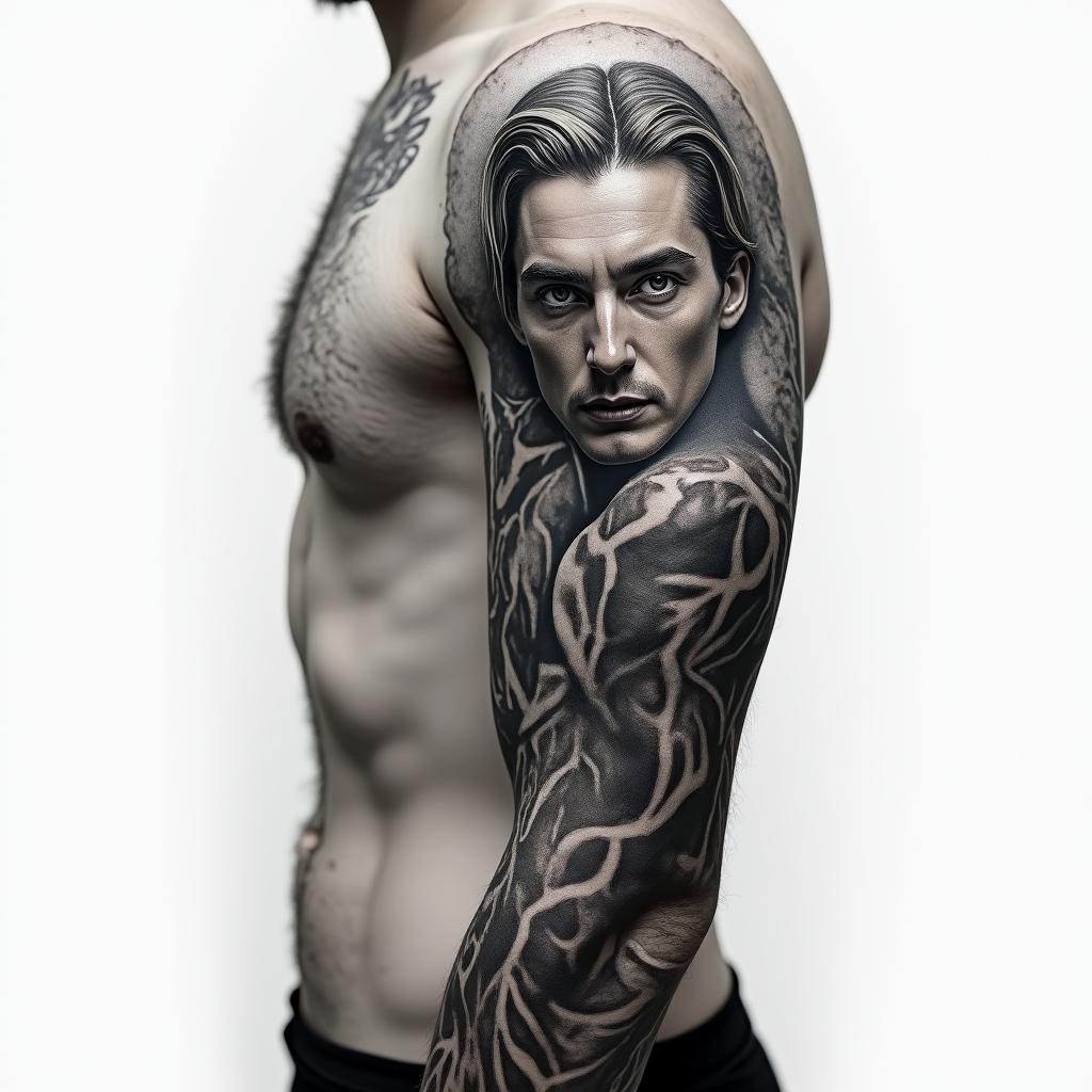 Upper arm sleeve realismin portrait tattoo style, featuring a highly realistic and detailed depiction - Variation 3