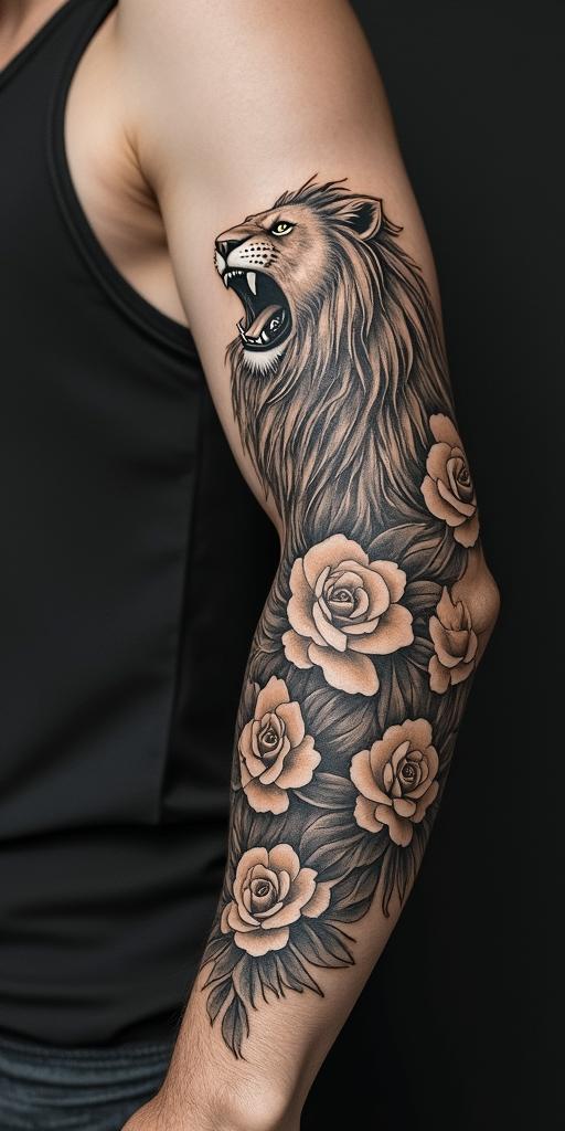 Lion roaring with a flowing manein victorian style tattoo, featuring vintage and elegant elements, ornate frames, roses, antique, sepia-toned color scheme - Variation 3