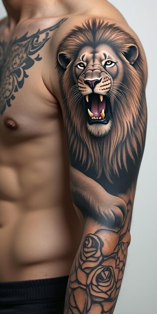 Lion roaring with a flowing manein victorian style tattoo, featuring vintage and elegant elements, ornate frames, roses, antique, sepia-toned color scheme - Variation 4