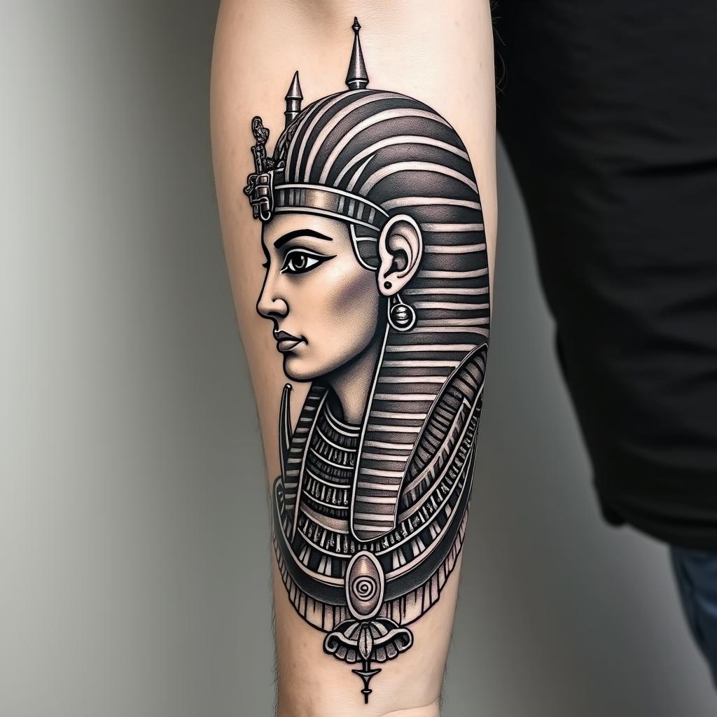 A forearm tattoo in the style of God of War.in egyptian style tattoo, bold elements of ancient egyptian culture including a portrait of an Egyptian pharaoh with detailed facial features, in hieroglyphs and symbolic imagery, eye of horus, ankh symbol, scarab beetle - Variation 4