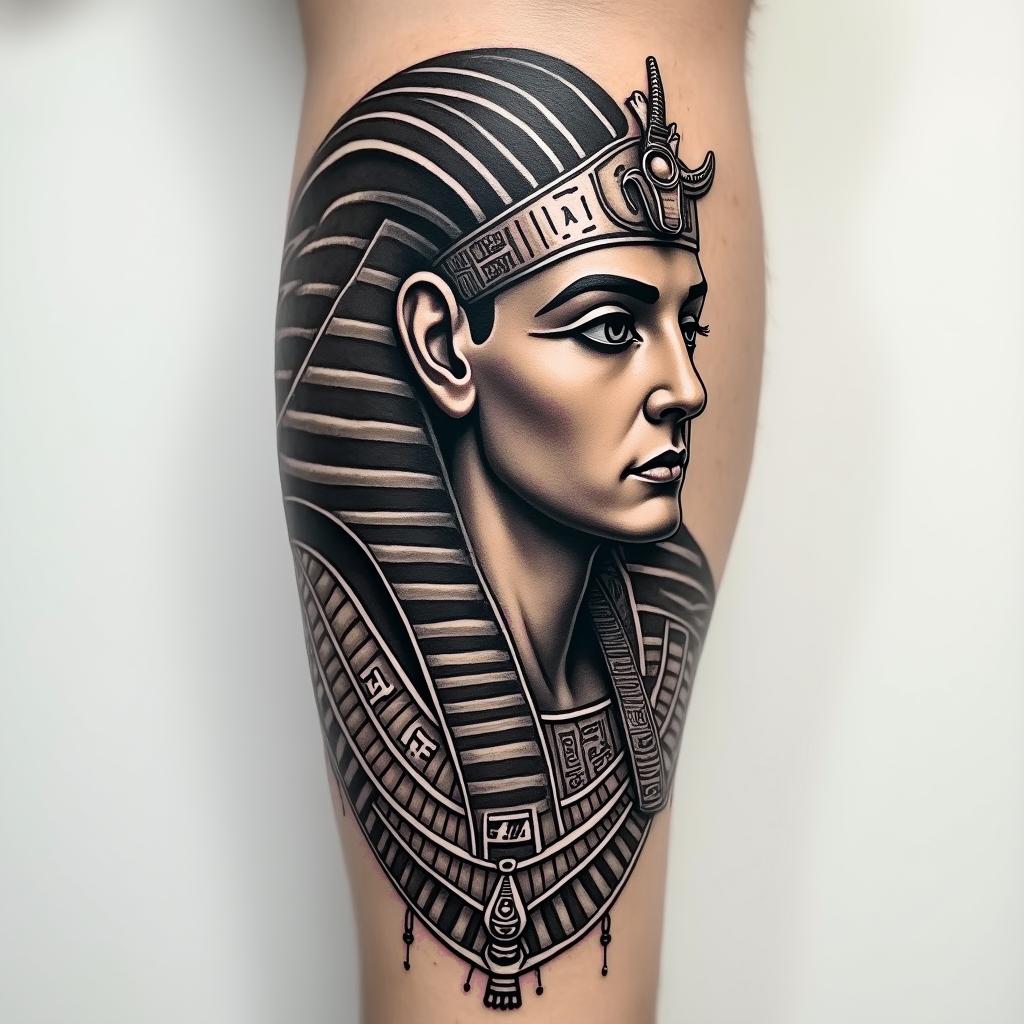 A forearm tattoo in the style of God of War.in egyptian style tattoo, bold elements of ancient egyptian culture including a portrait of an Egyptian pharaoh with detailed facial features, in hieroglyphs and symbolic imagery, eye of horus, ankh symbol, scarab beetle - Variation 3