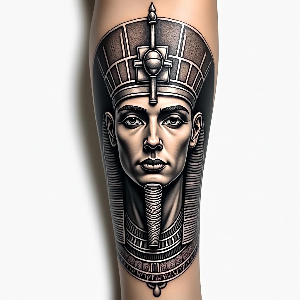 A forearm tattoo in the style of God of War.in egyptian style tattoo, bold elements of ancient egyptian culture including a portrait of an Egyptian pharaoh with detailed facial features, in hieroglyphs and symbolic imagery, eye of horus, ankh symbol, scarab beetle