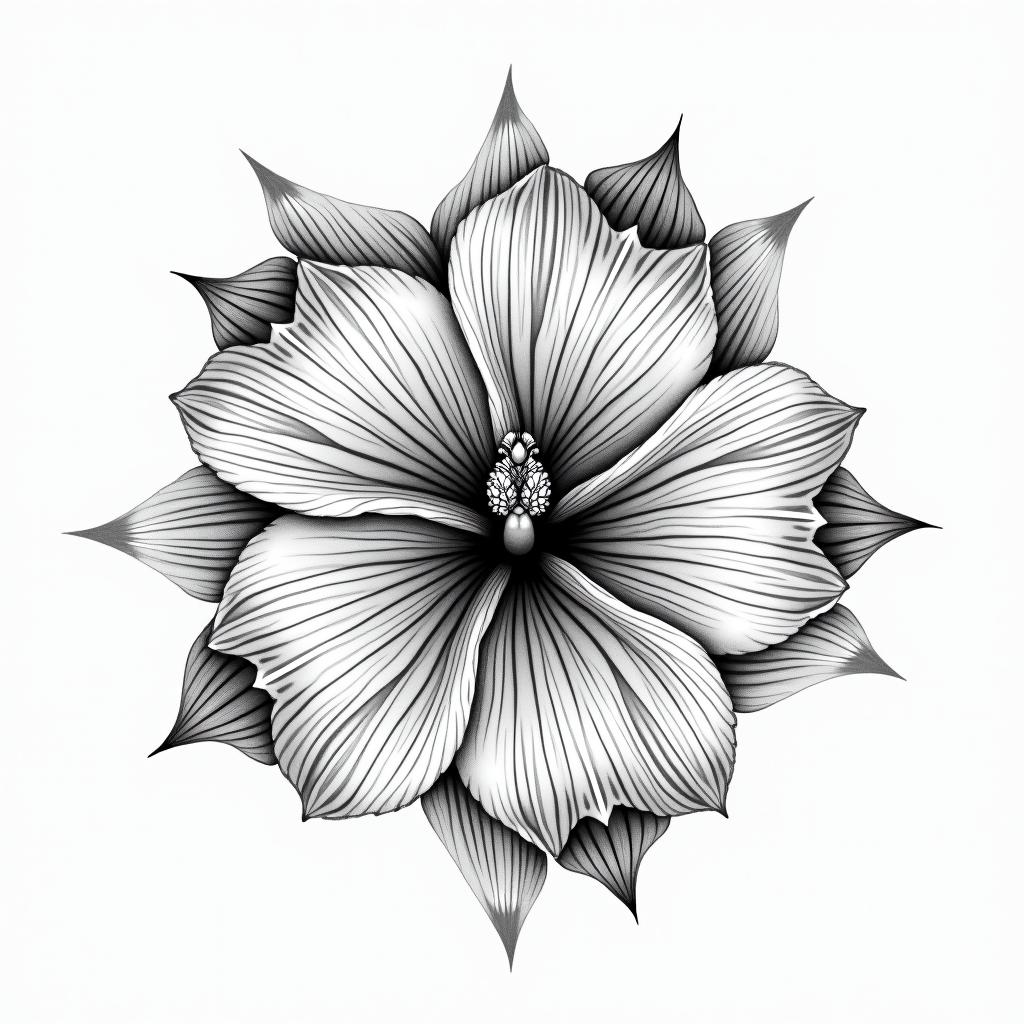 Hibiscus and bird of paradise in geometric style tattoo, blending hexagons, mandala-inspired patterns, symmetrical and fractal design, clean lines, sharp angles - Variation 4