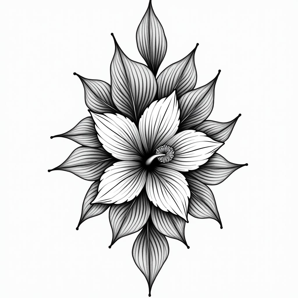 Hibiscus and bird of paradise in geometric style tattoo, blending hexagons, mandala-inspired patterns, symmetrical and fractal design, clean lines, sharp angles - Variation 2
