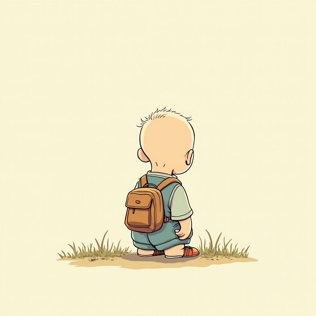 Difficult childhood, I love to travel, I want a happy life.Ghibli, Studio Ghibli aesthetic, hand-drawn anime style, retro nostalgic atmosphere, retro soft pastel color palette with earthy tones, retro Japanese cinematic shot, yellow tint effect, bald character, smooth surface, anime shadow 90's anime style