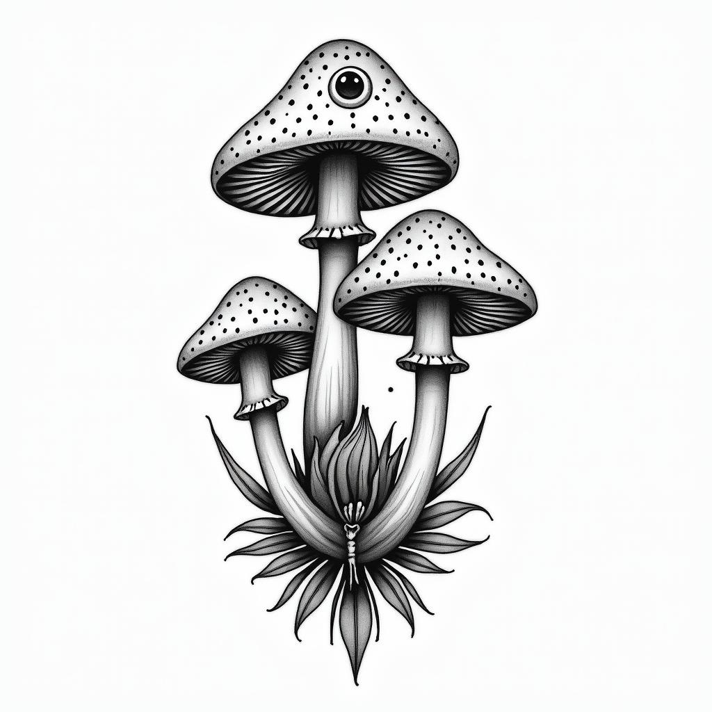 Mushroomsin spiritual symbols tattoo style, featuring an intricate design incorporating elements, Hamsa hand, third eye, minimalist composition - Variation 4