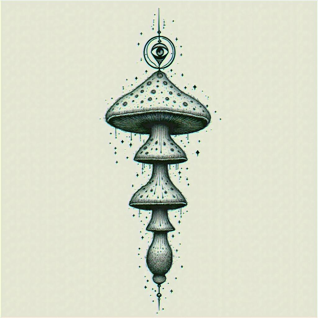 Mushroomsin spiritual symbols tattoo style, featuring an intricate design incorporating elements, Hamsa hand, third eye, minimalist composition - Variation 2