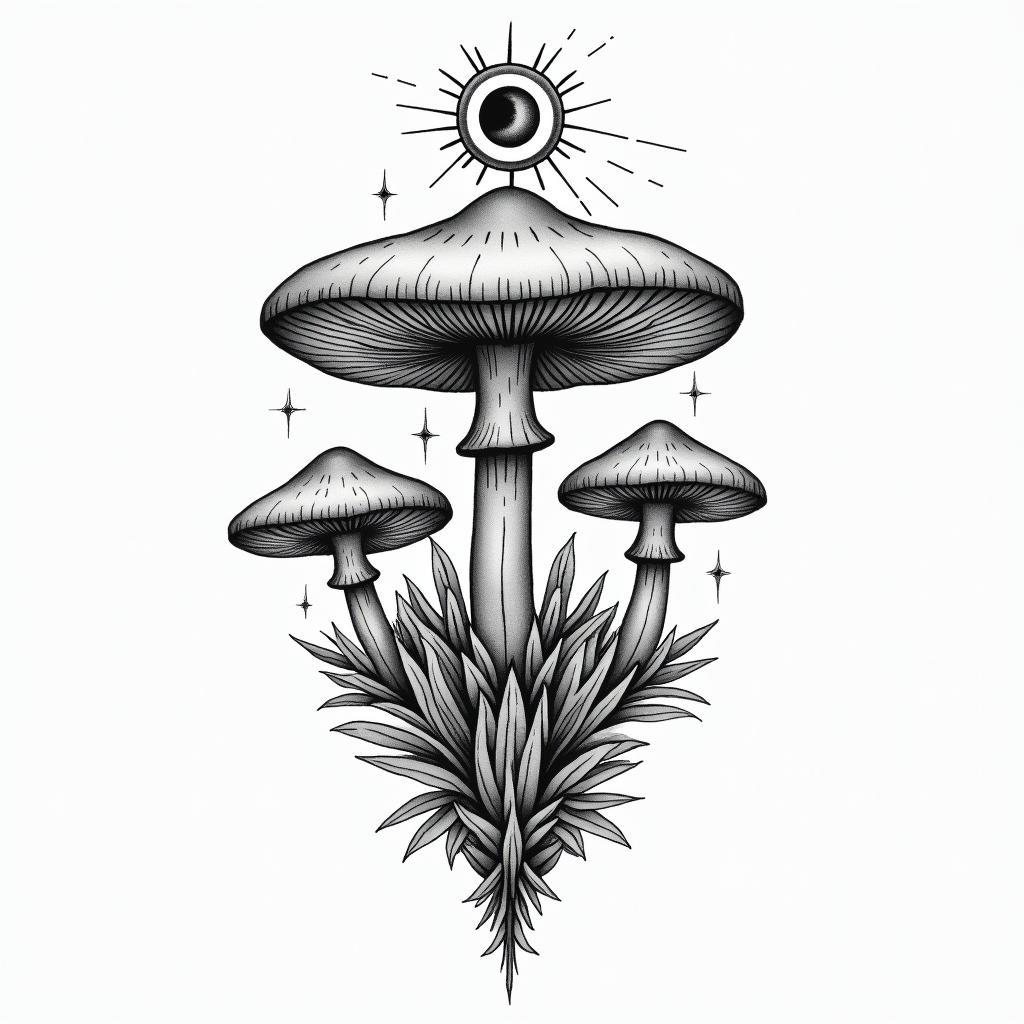 Mushroomsin spiritual symbols tattoo style, featuring an intricate design incorporating elements, Hamsa hand, third eye, minimalist composition - Variation 3