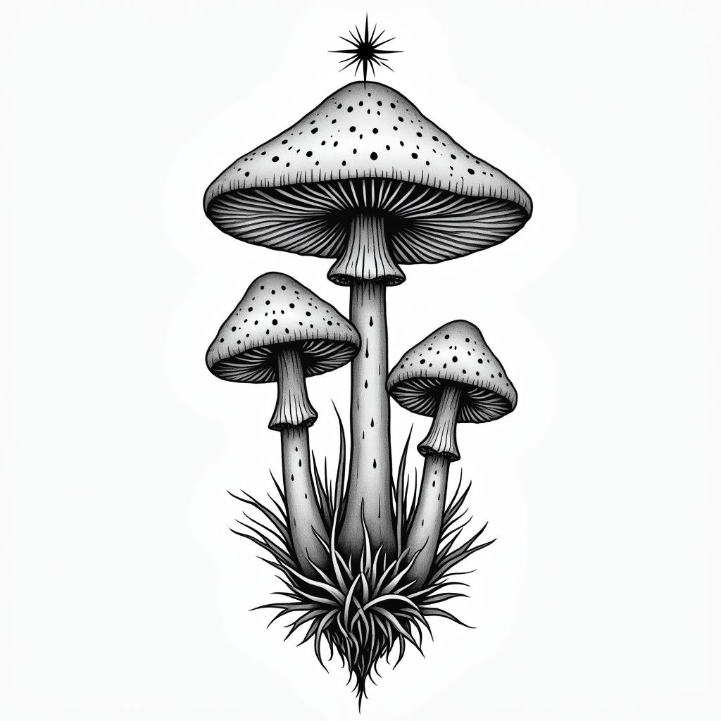 Mushroomsin spiritual symbols tattoo style, featuring an intricate design incorporating elements, Hamsa hand, third eye, minimalist composition
