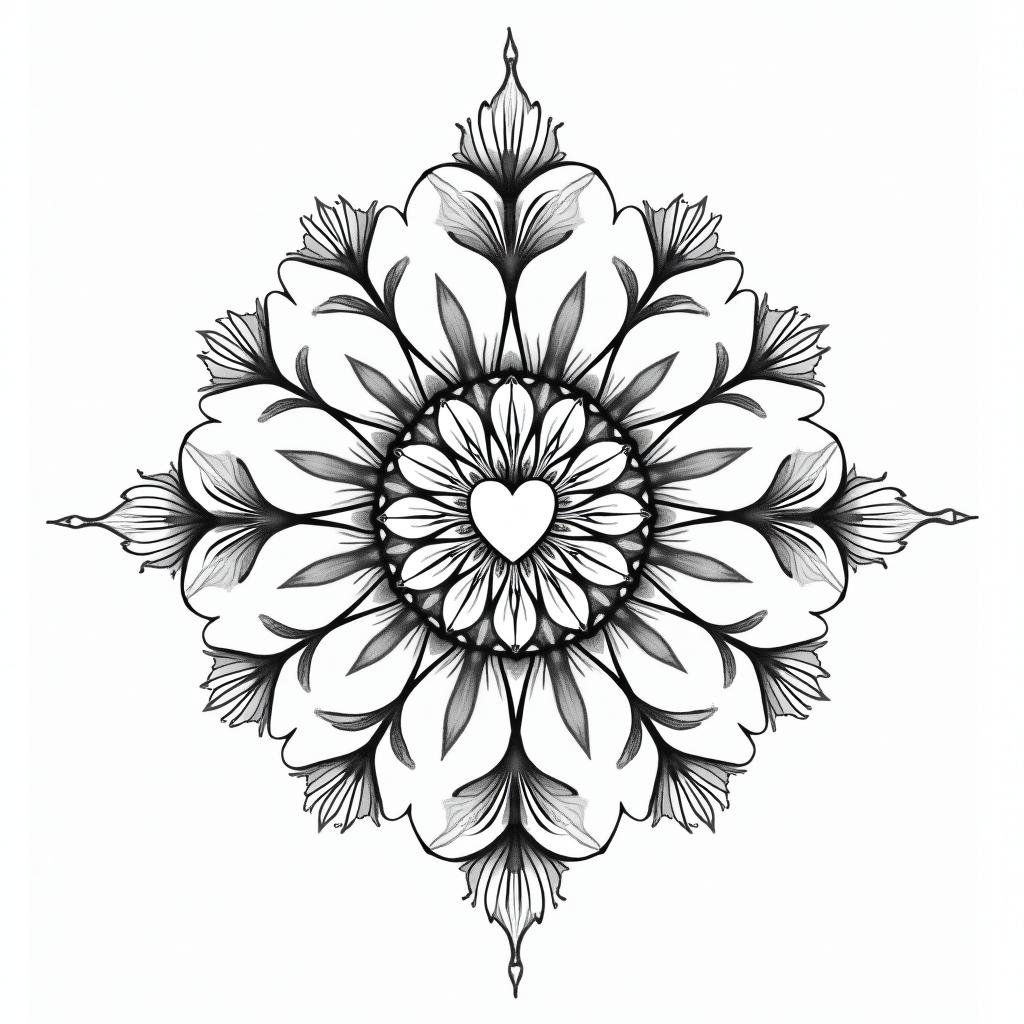 Mandala half tattoo flowersin Modest style tattoo, featuring soft, delicate line work with simple and meaningful symbols, gentle waves, a heart, evoking a sense of serenity and grace, - Variation 2