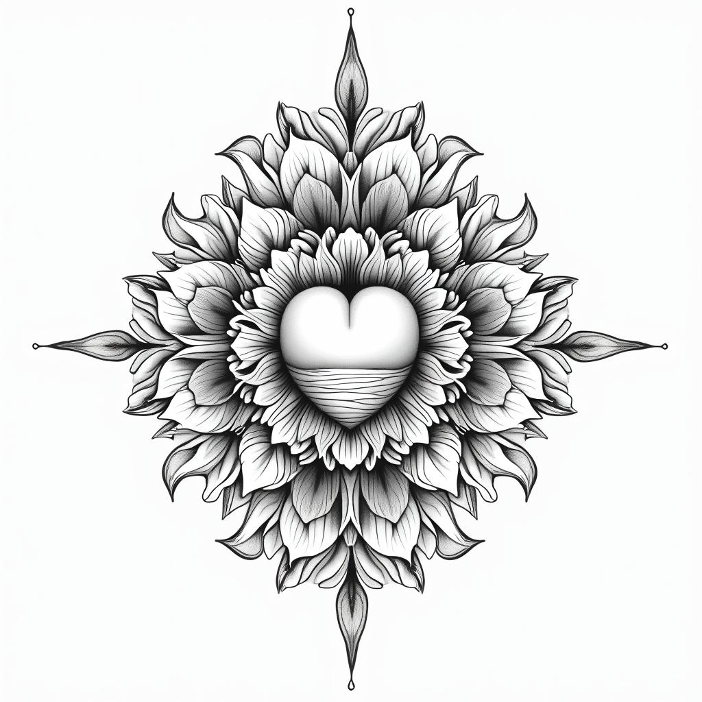 Mandala half tattoo flowersin Modest style tattoo, featuring soft, delicate line work with simple and meaningful symbols, gentle waves, a heart, evoking a sense of serenity and grace,