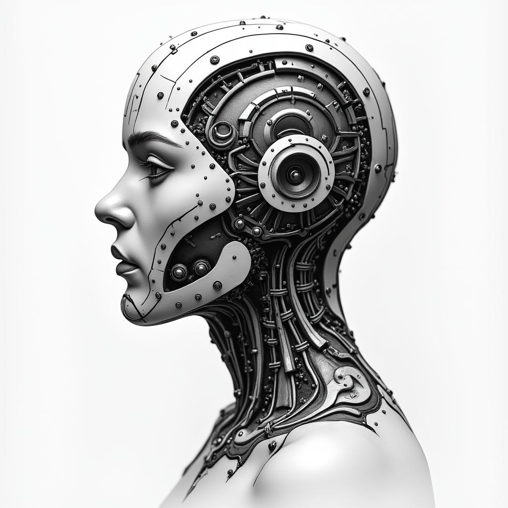 Maikel, Gemini, Venezuelatattoo in biomechanic style, the tattoo covered by robotic elements of futuristic cyberpunk design, robotic features detail, showcasing intricate mechanical components