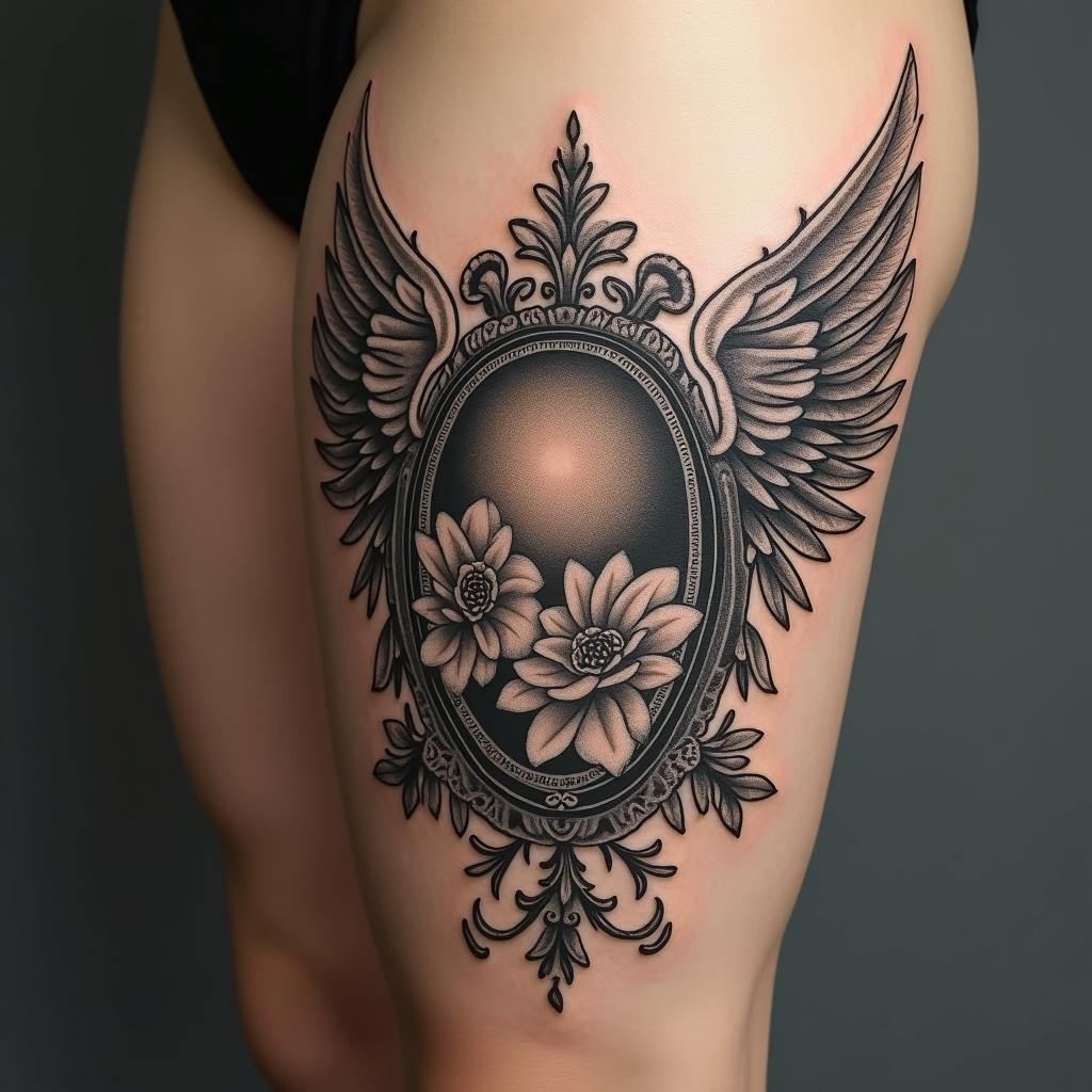 Angel wings with detailed feathersin victorian style tattoo, featuring vintage and elegant elements, ornate frames, roses, antique, sepia-toned color scheme
