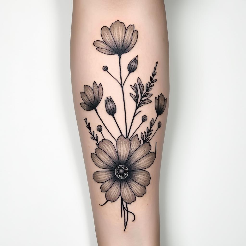 Birth flower forearm tattoo with March May July October flowersin Modest style tattoo, featuring soft, delicate line work with simple and meaningful symbols, gentle waves, a heart, evoking a sense of serenity and grace, - Variation 4