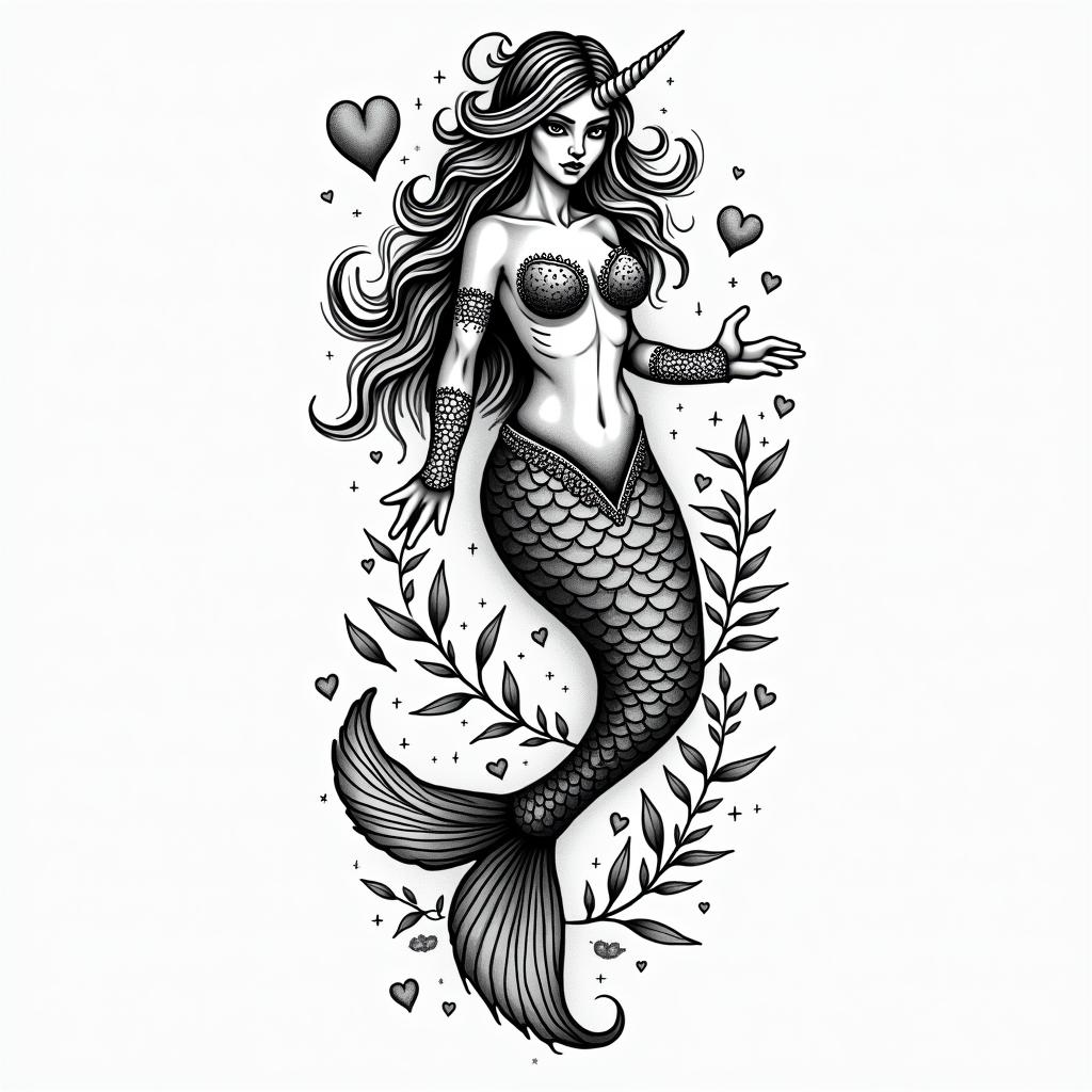 Aquarius, Jacksonville, North Carolina, loves love, loves life, loves hearts, mermaids, unicorns, takes care of everyone else, and her black pitbull Gypsyin authentic tattoo style, incorporating traditional modifications, bold black outlines, solid color fills, featuring classic authentic elements - Variation 2