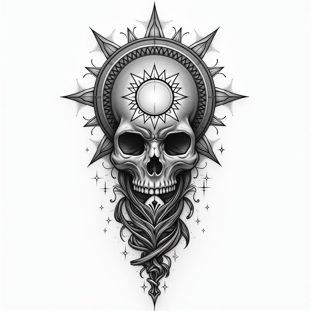 Recovering addiction and rising abovein prophecy tattoo style, featuring mystical symbols, celestial imagery like stars, moons, suns, geometric patterns, foretelling elements, an eye of wisdom - Variation 2