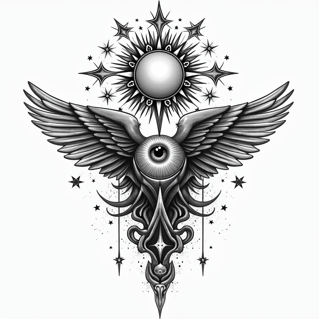 Recovering addiction and rising abovein prophecy tattoo style, featuring mystical symbols, celestial imagery like stars, moons, suns, geometric patterns, foretelling elements, an eye of wisdom - Variation 4