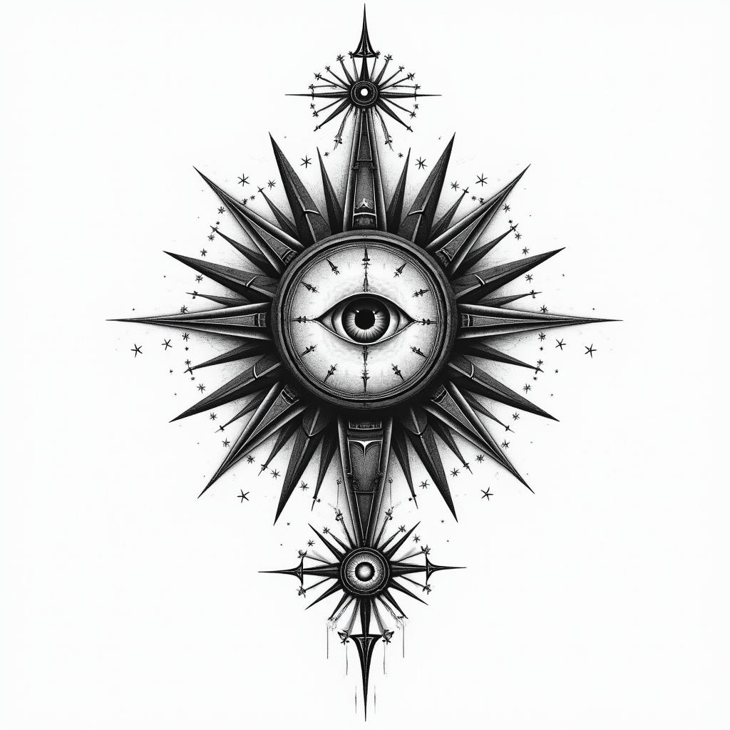 Recovering addiction and rising abovein prophecy tattoo style, featuring mystical symbols, celestial imagery like stars, moons, suns, geometric patterns, foretelling elements, an eye of wisdom - Variation 3