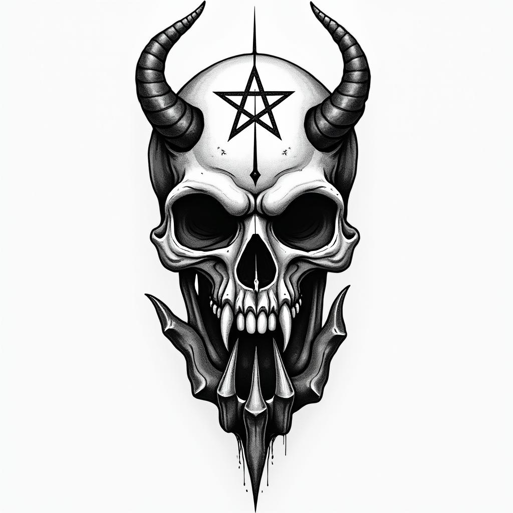 Hand of death and hand of Godcreepy horror tattoo style, featuring an eerie and unsettling skull of a demonic creature, distorted face with sharp fangs, add pentagram symbol