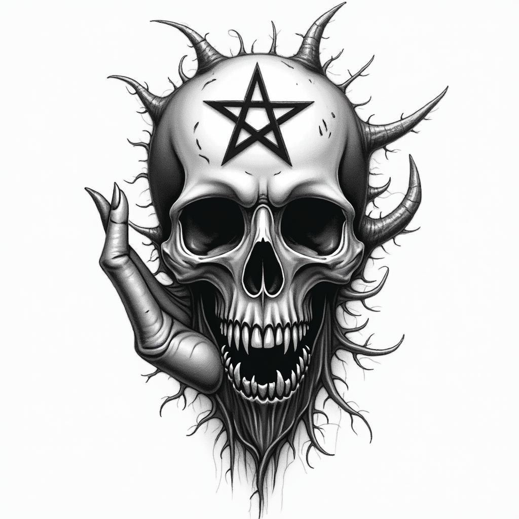 Hand of death and hand of Godcreepy horror tattoo style, featuring an eerie and unsettling skull of a demonic creature, distorted face with sharp fangs, add pentagram symbol - Variation 2
