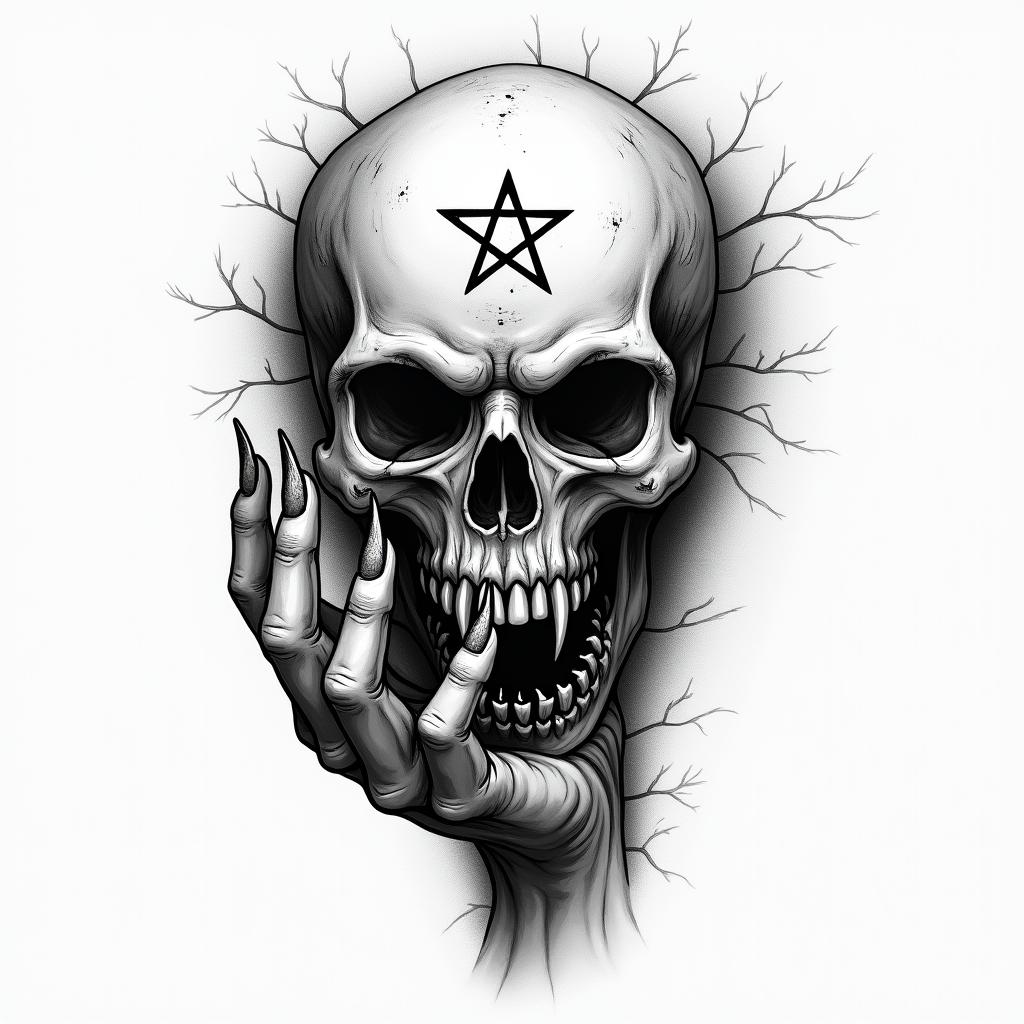 Hand of death and hand of Godcreepy horror tattoo style, featuring an eerie and unsettling skull of a demonic creature, distorted face with sharp fangs, add pentagram symbol - Variation 3