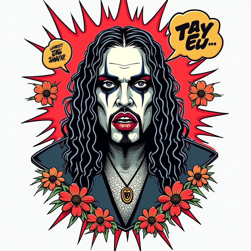 Bray Wyatt Fiendin pop art style tattoo, featuring bold and vibrant colors, exaggerated outlines, iconic imagery, inspired by comic books and speech bubbles, comic book characters, retro pop culture - Variation 2