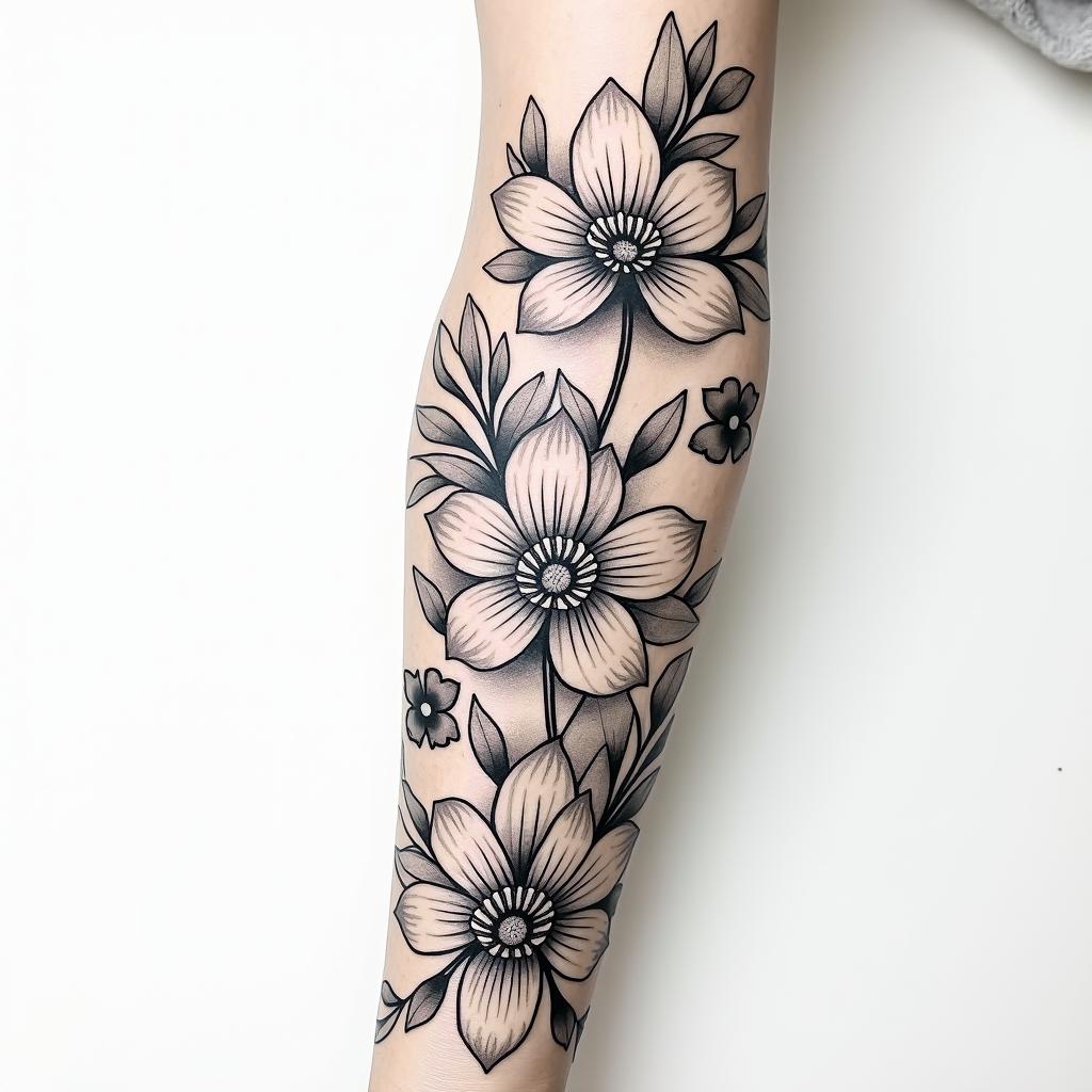 Wrap around forearm tattoo with daffodil, lily of the valley,larkspur, merigoldin ornamental tattoo style, featuring intricate symmetrical patterns and floral designs, showcasing highly detailed line work and geometric shapes, creating a sense of elegance and balance - Variation 2