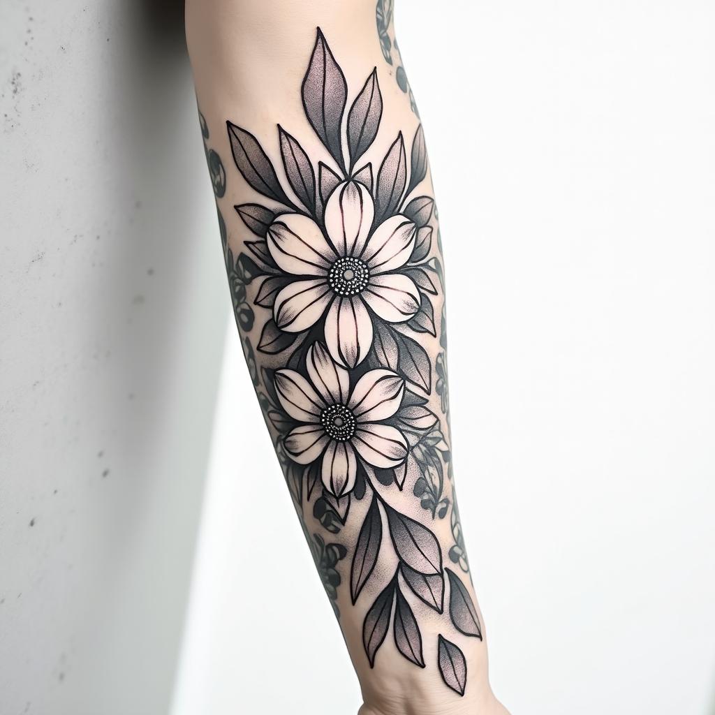 Wrap around forearm tattoo with daffodil, lily of the valley,larkspur, merigoldin ornamental tattoo style, featuring intricate symmetrical patterns and floral designs, showcasing highly detailed line work and geometric shapes, creating a sense of elegance and balance - Variation 4