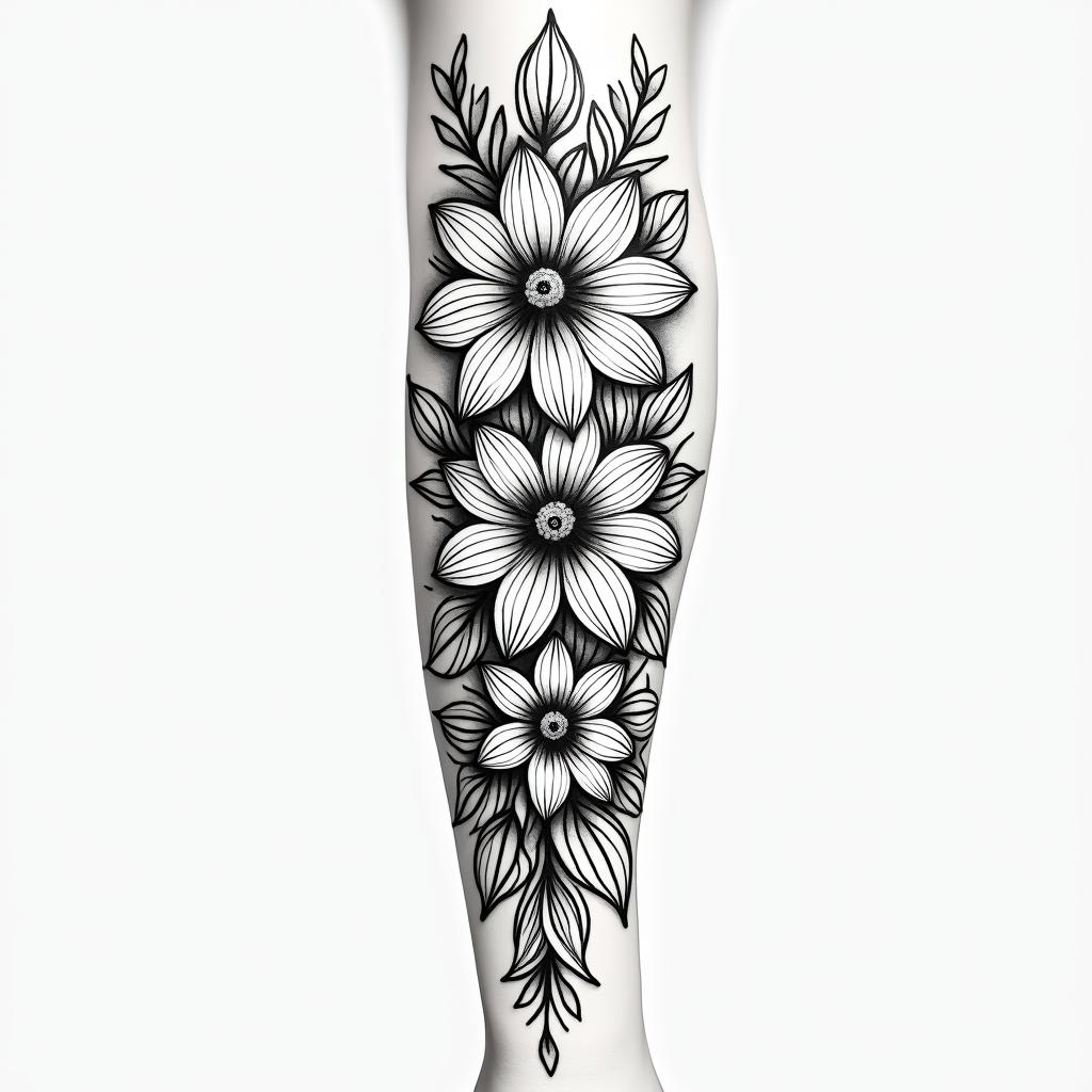 Wrap around forearm tattoo with daffodil, lily of the valley,larkspur, merigoldin ornamental tattoo style, featuring intricate symmetrical patterns and floral designs, showcasing highly detailed line work and geometric shapes, creating a sense of elegance and balance - Variation 3