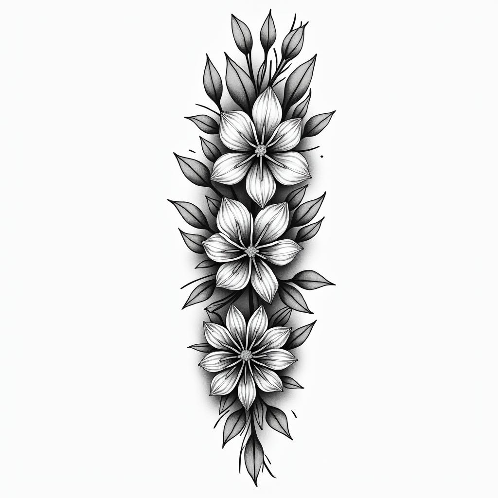 Wrap around forearm tattoo with daffodil, lily of the valley,larkspur, merigoldin ornamental tattoo style, featuring intricate symmetrical patterns and floral designs, showcasing highly detailed line work and geometric shapes, creating a sense of elegance and balance