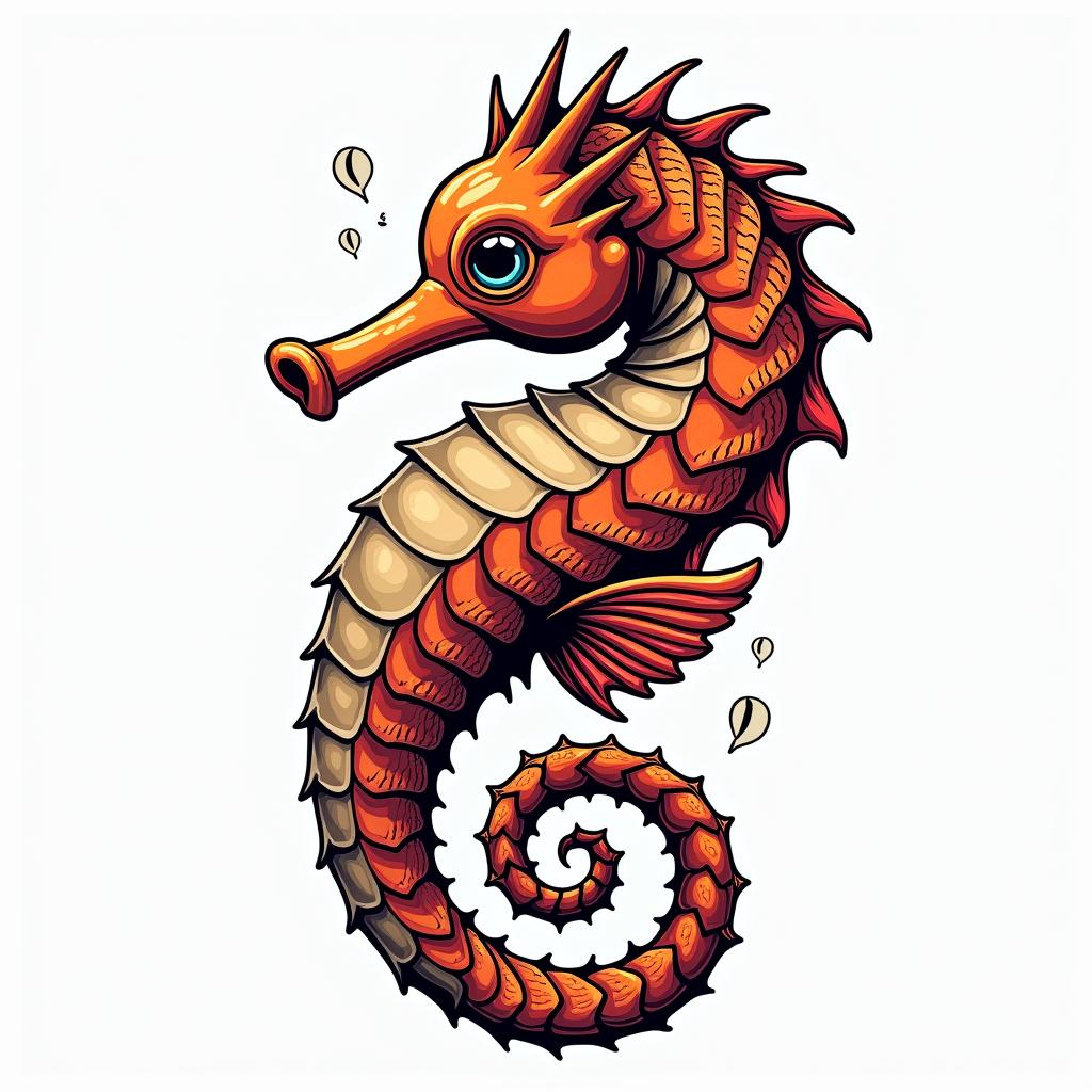 Seahorsein pop art style tattoo, featuring bold and vibrant colors, exaggerated outlines, iconic imagery, inspired by comic books and speech bubbles, comic book characters, retro pop culture - Variation 4